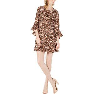 Bar III Women's Sheath Mini Dress Bell-Sleeve Leopard-Print Brown Black Size 8